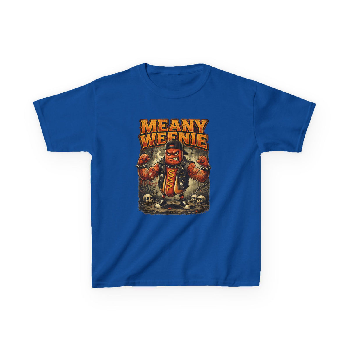 Kids T‑Shirt — "Meany Weenie" Cartoon Hot Dog Monster Tee (Funny, Halloween & Gift)