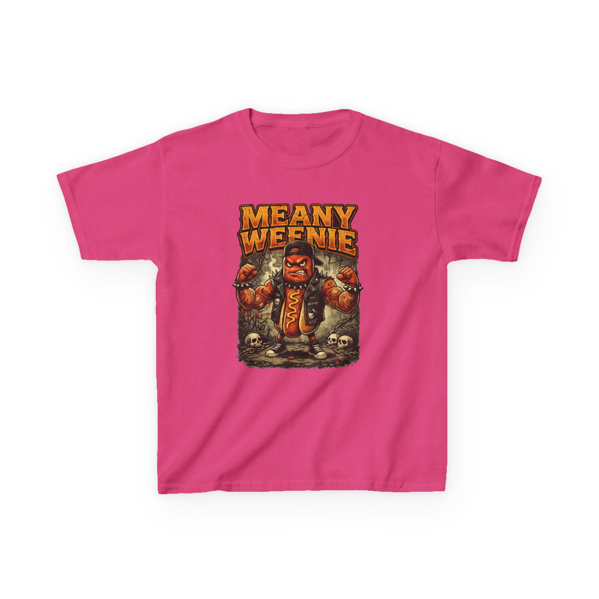 Kids T‑Shirt — "Meany Weenie" Cartoon Hot Dog Monster Tee (Funny, Halloween & Gift)