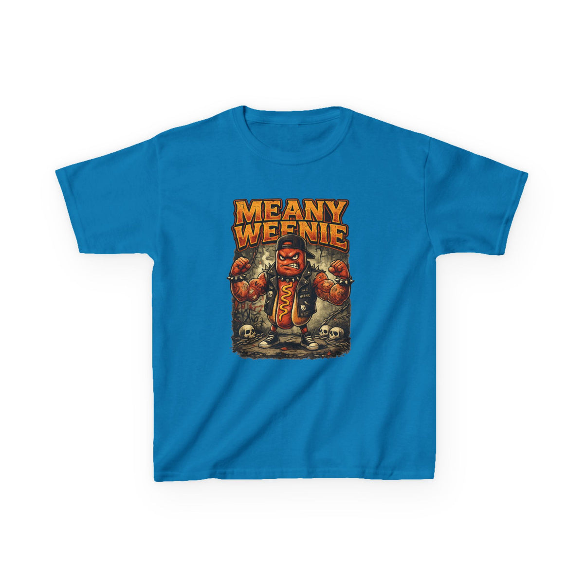 Kids T‑Shirt — "Meany Weenie" Cartoon Hot Dog Monster Tee (Funny, Halloween & Gift)