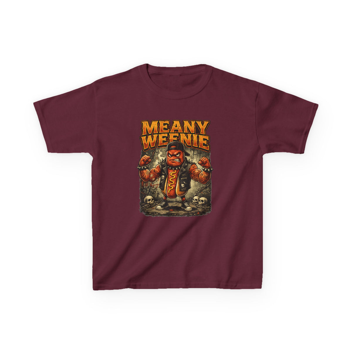 Kids T‑Shirt — "Meany Weenie" Cartoon Hot Dog Monster Tee (Funny, Halloween & Gift)