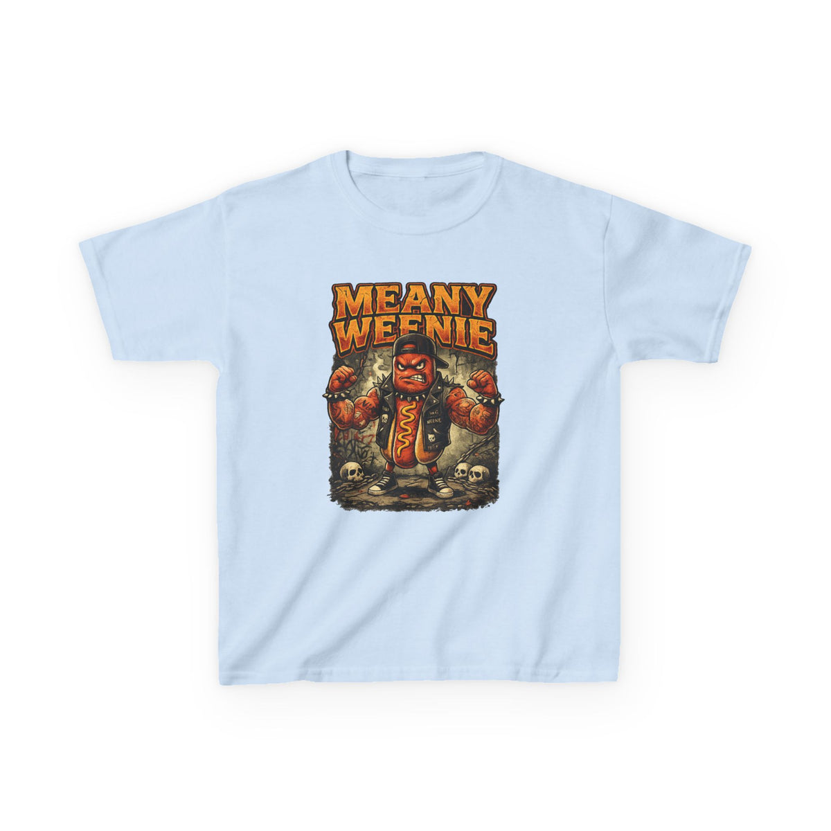 Kids T‑Shirt — "Meany Weenie" Cartoon Hot Dog Monster Tee (Funny, Halloween & Gift)