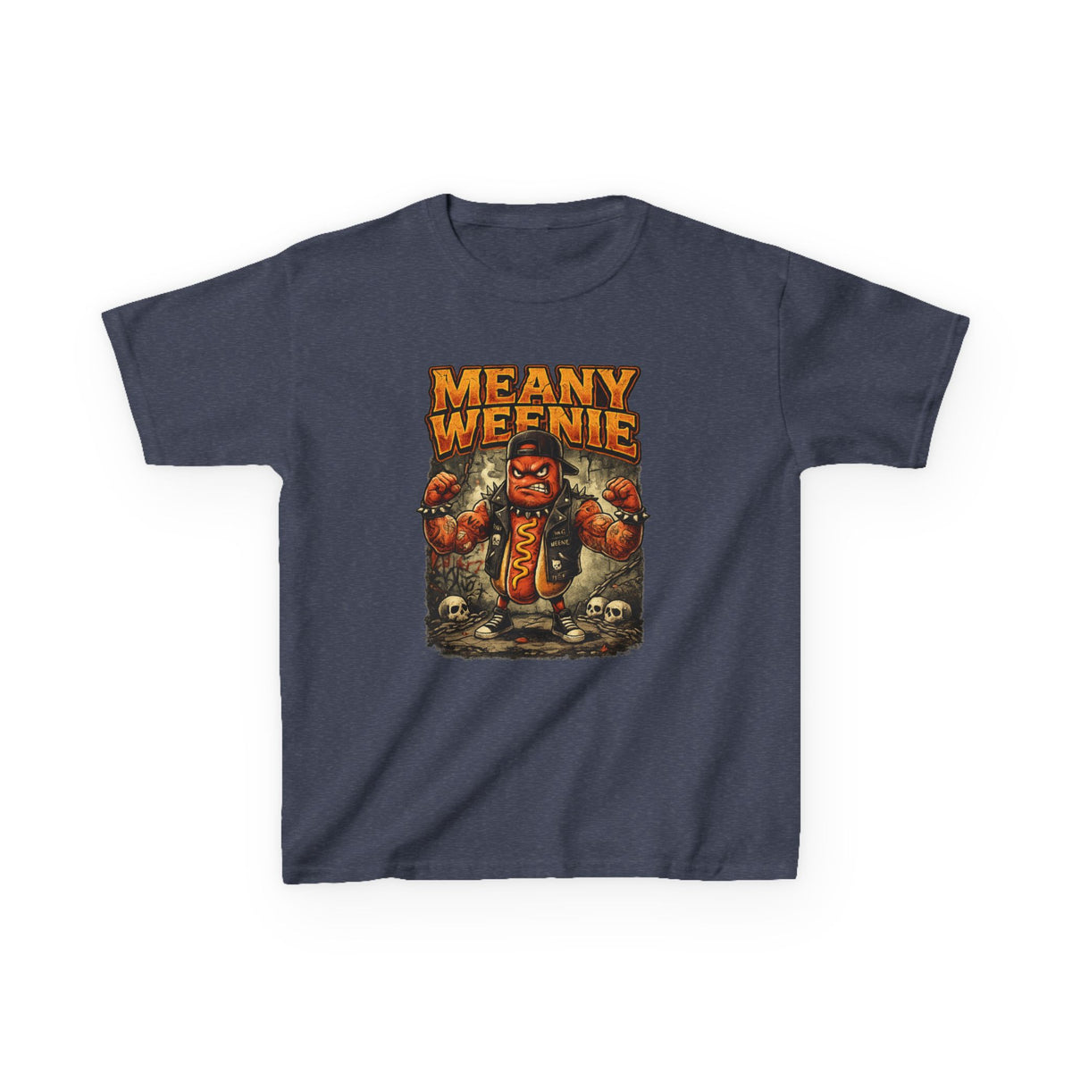 Kids T‑Shirt — "Meany Weenie" Cartoon Hot Dog Monster Tee (Funny, Halloween & Gift)