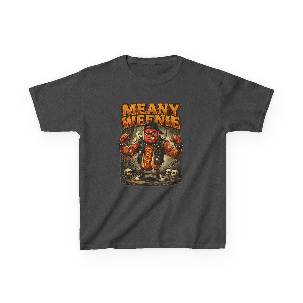 Kids T‑Shirt — "Meany Weenie" Cartoon Hot Dog Monster Tee (Funny, Halloween & Gift)