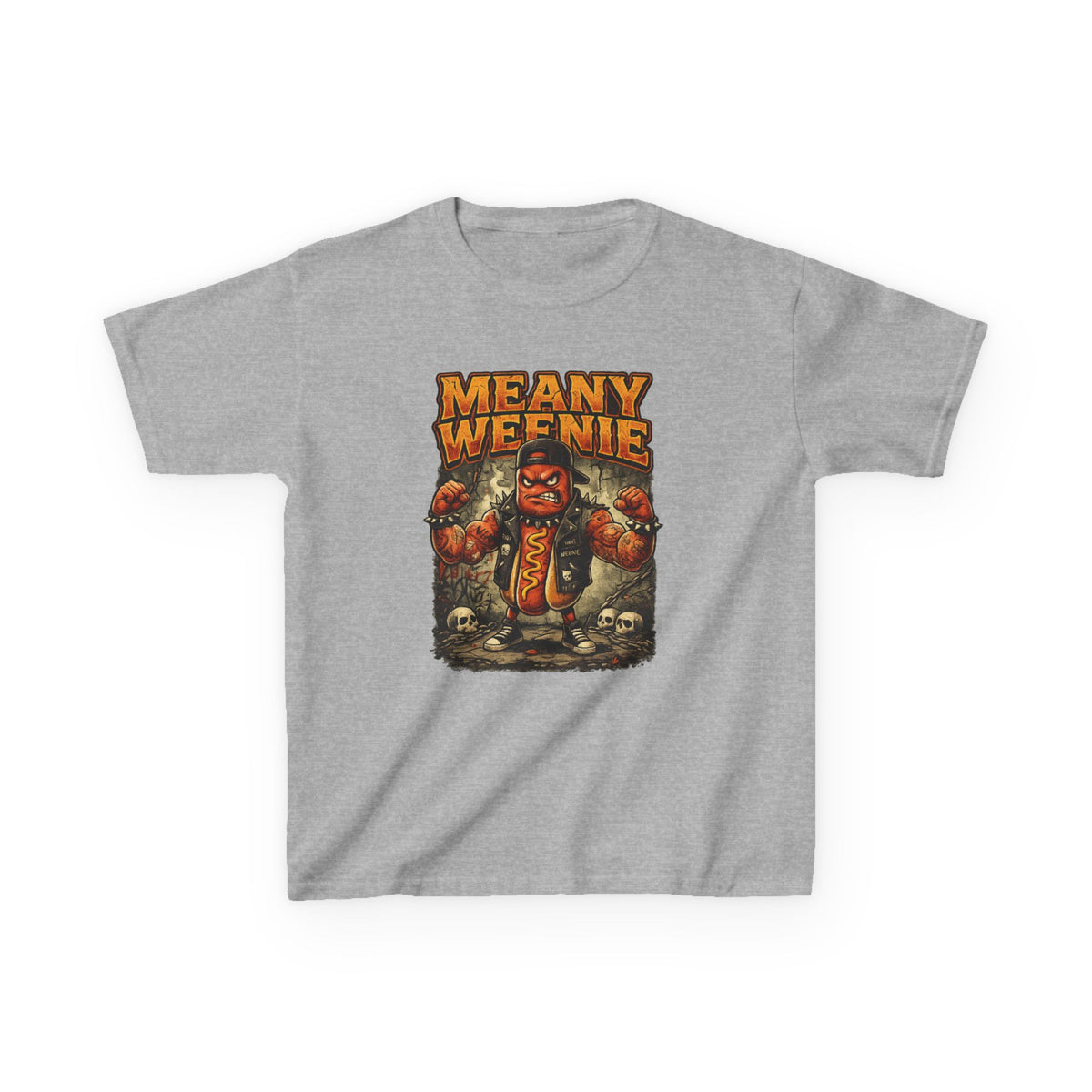 Kids T‑Shirt — "Meany Weenie" Cartoon Hot Dog Monster Tee (Funny, Halloween & Gift)