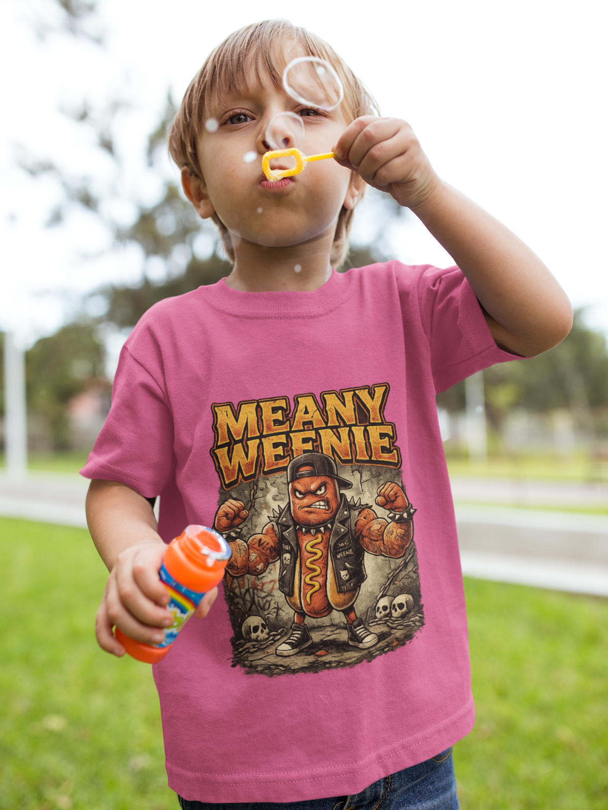 Kids T‑Shirt — "Meany Weenie" Cartoon Hot Dog Monster Tee (Funny, Halloween & Gift)