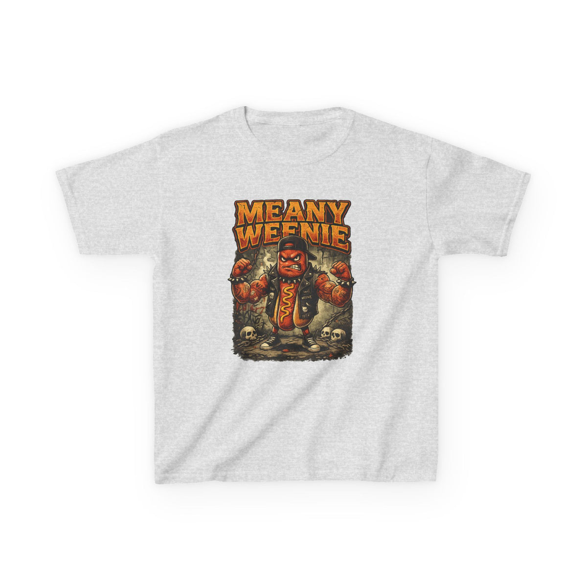 Kids T‑Shirt — "Meany Weenie" Cartoon Hot Dog Monster Tee (Funny, Halloween & Gift)