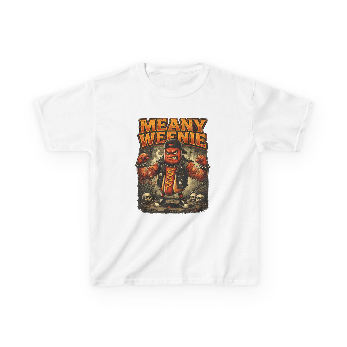 Kids T‑Shirt — "Meany Weenie" Cartoon Hot Dog Monster Tee (Funny, Halloween & Gift)