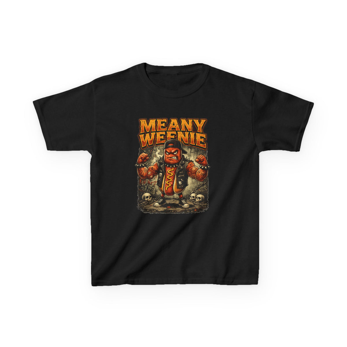 Kids T‑Shirt — "Meany Weenie" Cartoon Hot Dog Monster Tee (Funny, Halloween & Gift)