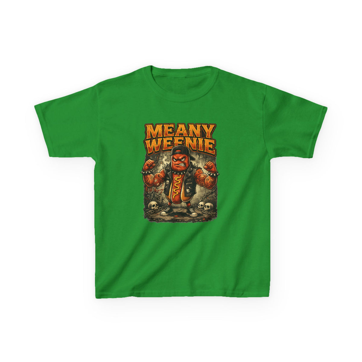 Kids T‑Shirt — "Meany Weenie" Cartoon Hot Dog Monster Tee (Funny, Halloween & Gift)