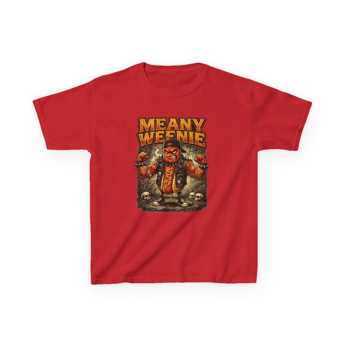 Kids T‑Shirt — "Meany Weenie" Cartoon Hot Dog Monster Tee (Funny, Halloween & Gift)